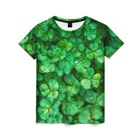 Женская футболка 3D с принтом клевер в Петрозаводске, 100% полиэфир ( синтетическое хлопкоподобное полотно) | прямой крой, круглый вырез горловины, длина до линии бедер | зелень | ирландия | клевер | лето | листья | солнце | цветы