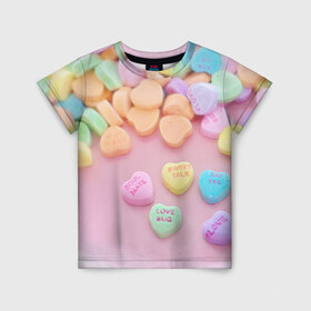 Детская футболка 3D с принтом конфеты в Петрозаводске, 100% гипоаллергенный полиэфир | прямой крой, круглый вырез горловины, длина до линии бедер, чуть спущенное плечо, ткань немного тянется | candy | драже | конфеты | леденцы | сахар | сладости