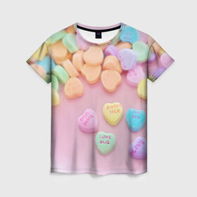 Женская футболка 3D с принтом конфеты в Петрозаводске, 100% полиэфир ( синтетическое хлопкоподобное полотно) | прямой крой, круглый вырез горловины, длина до линии бедер | candy | драже | конфеты | леденцы | сахар | сладости