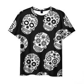 Мужская футболка 3D с принтом Черепа в Петрозаводске, 100% полиэфир | прямой крой, круглый вырез горловины, длина до линии бедер | день мертвых | мексика | паттерн | традция | узоры | цветы | черно белый | черный