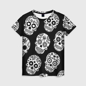 Женская футболка 3D с принтом Черепа в Петрозаводске, 100% полиэфир ( синтетическое хлопкоподобное полотно) | прямой крой, круглый вырез горловины, длина до линии бедер | день мертвых | мексика | паттерн | традция | узоры | цветы | черно белый | черный