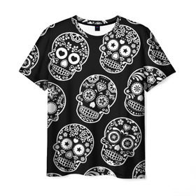 Мужская футболка 3D с принтом Черепа в Петрозаводске, 100% полиэфир | прямой крой, круглый вырез горловины, длина до линии бедер | день мертвых | мексика | паттерн | традиция | узоры | цветы | черно белый