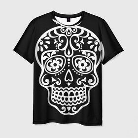 Мужская футболка 3D с принтом Мексиканский череп в Петрозаводске, 100% полиэфир | прямой крой, круглый вырез горловины, длина до линии бедер | день мертвых | мексика | традция | узоры | цветы | черный