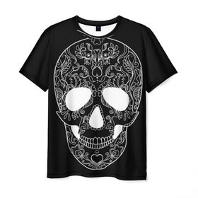 Мужская футболка 3D с принтом Мексиканский череп в Петрозаводске, 100% полиэфир | прямой крой, круглый вырез горловины, длина до линии бедер | день мертвых | мексика | традция | узоры | цветы | черный