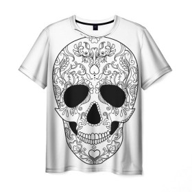 Мужская футболка 3D с принтом Мексиканский череп в Петрозаводске, 100% полиэфир | прямой крой, круглый вырез горловины, длина до линии бедер | белый | день мертвых | мексика | традция | узоры | цветы
