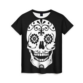 Женская футболка 3D с принтом Мексиканский череп в Петрозаводске, 100% полиэфир ( синтетическое хлопкоподобное полотно) | прямой крой, круглый вырез горловины, длина до линии бедер | cobwebs | color | day of the dead | dead | death | eyes | girl | halloween | holiday | makeup | mask | mexican skull | mexico | ornament | pattern | взгляд | девушка | день мертвых | макияж | маска | мексика | мексиканский череп | мертвецов | орнамент | п