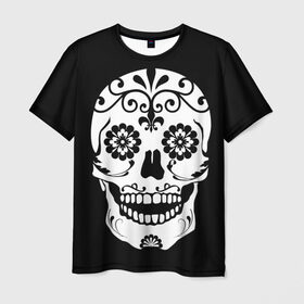 Мужская футболка 3D с принтом Мексиканский череп в Петрозаводске, 100% полиэфир | прямой крой, круглый вырез горловины, длина до линии бедер | cobwebs | color | day of the dead | dead | death | eyes | girl | halloween | holiday | makeup | mask | mexican skull | mexico | ornament | pattern | взгляд | девушка | день мертвых | макияж | маска | мексика | мексиканский череп | мертвецов | орнамент | п