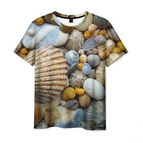 Мужская футболка 3D с принтом Морские ракушки и камни в Петрозаводске, 100% полиэфир | прямой крой, круглый вырез горловины, длина до линии бедер | камни | море | морские камни | ракушки
