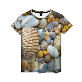 Женская футболка 3D с принтом Морские ракушки и камни в Петрозаводске, 100% полиэфир ( синтетическое хлопкоподобное полотно) | прямой крой, круглый вырез горловины, длина до линии бедер | камни | море | морские камни | ракушки