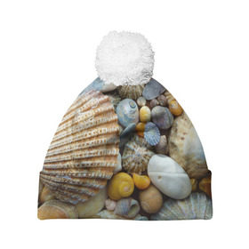 Шапка 3D c помпоном с принтом Морские ракушки и камни в Петрозаводске, 100% полиэстер | универсальный размер, печать по всей поверхности изделия | Тематика изображения на принте: камни | море | морские камни | ракушки