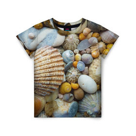 Детская футболка 3D с принтом Морские ракушки и камни в Петрозаводске, 100% гипоаллергенный полиэфир | прямой крой, круглый вырез горловины, длина до линии бедер, чуть спущенное плечо, ткань немного тянется | камни | море | морские камни | ракушки