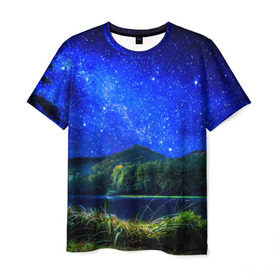 Мужская футболка 3D с принтом Звездное небо в Петрозаводске, 100% полиэфир | прямой крой, круглый вырез горловины, длина до линии бедер | звезда | небо | ночь | озеро