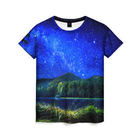 Женская футболка 3D с принтом Звездное небо в Петрозаводске, 100% полиэфир ( синтетическое хлопкоподобное полотно) | прямой крой, круглый вырез горловины, длина до линии бедер | звезда | небо | ночь | озеро
