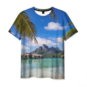 Мужская футболка 3D с принтом Бора-Бора в Петрозаводске, 100% полиэфир | прямой крой, круглый вырез горловины, длина до линии бедер | архипелаг | блаженство | бора бора | бунгало | жемчужина тихого океана | загар | каникулы | море | океан | остров | отдых | отпуск | пальмы | песок | пляж | рай | сказка | солнце | таити | туризм