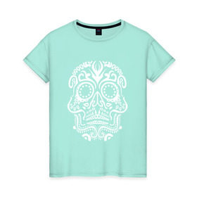 Женская футболка хлопок с принтом Мексиканский череп в Петрозаводске, 100% хлопок | прямой крой, круглый вырез горловины, длина до линии бедер, слегка спущенное плечо | mexi | день мертвых | мексика | мексиканский череп | мертвецов | орнамент | праздник | узоры | цветы