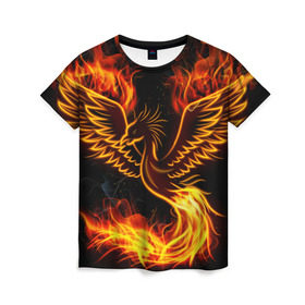 Женская футболка 3D с принтом Феникс в Петрозаводске, 100% полиэфир ( синтетическое хлопкоподобное полотно) | прямой крой, круглый вырез горловины, длина до линии бедер | огонь | пламя | птица