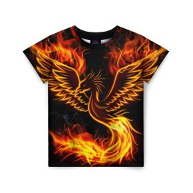 Детская футболка 3D с принтом Феникс в Петрозаводске, 100% гипоаллергенный полиэфир | прямой крой, круглый вырез горловины, длина до линии бедер, чуть спущенное плечо, ткань немного тянется | Тематика изображения на принте: огонь | пламя | птица