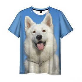 Мужская футболка 3D с принтом белый пес в Петрозаводске, 100% полиэфир | прямой крой, круглый вырез горловины, длина до линии бедер | dog | friend | взгляд | волк | друг | пес | собака | хаски