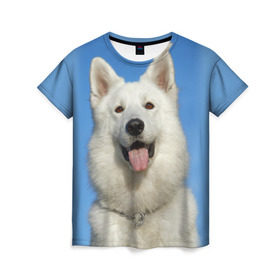 Женская футболка 3D с принтом белый пес в Петрозаводске, 100% полиэфир ( синтетическое хлопкоподобное полотно) | прямой крой, круглый вырез горловины, длина до линии бедер | dog | friend | взгляд | волк | друг | пес | собака | хаски