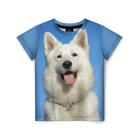 Детская футболка 3D с принтом белый пес в Петрозаводске, 100% гипоаллергенный полиэфир | прямой крой, круглый вырез горловины, длина до линии бедер, чуть спущенное плечо, ткань немного тянется | Тематика изображения на принте: dog | friend | взгляд | волк | друг | пес | собака | хаски