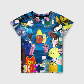Детская футболка 3D с принтом Adventure Time 1 в Петрозаводске, 100% гипоаллергенный полиэфир | прямой крой, круглый вырез горловины, длина до линии бедер, чуть спущенное плечо, ткань немного тянется | adventure time | bubblegum | dog | finn | jake | marcelline | время приключений | джейк и финн | марселин | пупырка