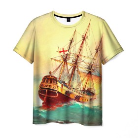 Мужская футболка 3D с принтом Парусник в Петрозаводске, 100% полиэфир | прямой крой, круглый вырез горловины, длина до линии бедер | волны | исторический | корабль | море | океан