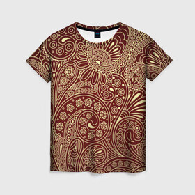 Женская футболка 3D с принтом Paisley в Петрозаводске, 100% полиэфир ( синтетическое хлопкоподобное полотно) | прямой крой, круглый вырез горловины, длина до линии бедер | коричневый | орнамент | пейсли | турецкие огурцы | узор