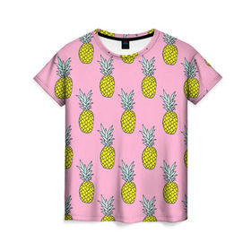 Женская футболка 3D с принтом Ананасы 2 в Петрозаводске, 100% полиэфир ( синтетическое хлопкоподобное полотно) | прямой крой, круглый вырез горловины, длина до линии бедер | летний | паттерн | розовый