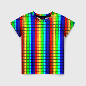 Детская футболка 3D с принтом Радуга (Полосы в мозайку) в Петрозаводске, 100% гипоаллергенный полиэфир | прямой крой, круглый вырез горловины, длина до линии бедер, чуть спущенное плечо, ткань немного тянется | вертикальные | жёлтый | зелёный | красный | оранжевый | полосы | радуга | синий | фиолетовый