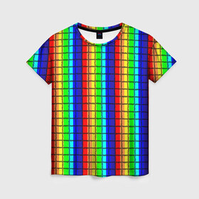 Женская футболка 3D с принтом Радуга (Полосы в мозайку) в Петрозаводске, 100% полиэфир ( синтетическое хлопкоподобное полотно) | прямой крой, круглый вырез горловины, длина до линии бедер | вертикальные | жёлтый | зелёный | красный | оранжевый | полосы | радуга | синий | фиолетовый