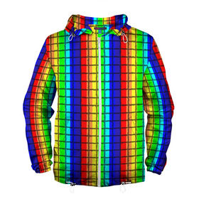 Мужская ветровка 3D с принтом Радуга (Полосы в мозайку) в Петрозаводске, 100% полиэстер | подол и капюшон оформлены резинкой с фиксаторами, два кармана без застежек по бокам, один потайной карман на груди | Тематика изображения на принте: вертикальные | жёлтый | зелёный | красный | оранжевый | полосы | радуга | синий | фиолетовый