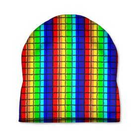 Шапка 3D с принтом Радуга (Полосы в мозайку) в Петрозаводске, 100% полиэстер | универсальный размер, печать по всей поверхности изделия | вертикальные | жёлтый | зелёный | красный | оранжевый | полосы | радуга | синий | фиолетовый