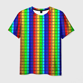 Мужская футболка 3D с принтом Радуга (Полосы в мозайку) в Петрозаводске, 100% полиэфир | прямой крой, круглый вырез горловины, длина до линии бедер | вертикальные | жёлтый | зелёный | красный | оранжевый | полосы | радуга | синий | фиолетовый