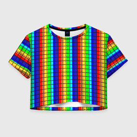 Женская футболка 3D укороченная с принтом Радуга (Полосы в мозайку) в Петрозаводске, 100% полиэстер | круглая горловина, длина футболки до линии талии, рукава с отворотами | вертикальные | жёлтый | зелёный | красный | оранжевый | полосы | радуга | синий | фиолетовый