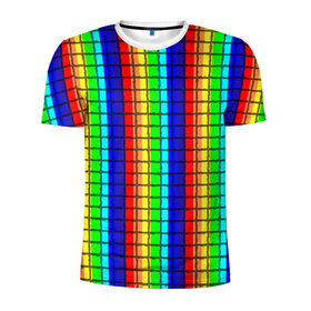 Мужская футболка 3D спортивная с принтом Радуга (Полосы в мозайку) в Петрозаводске, 100% полиэстер с улучшенными характеристиками | приталенный силуэт, круглая горловина, широкие плечи, сужается к линии бедра | Тематика изображения на принте: вертикальные | жёлтый | зелёный | красный | оранжевый | полосы | радуга | синий | фиолетовый