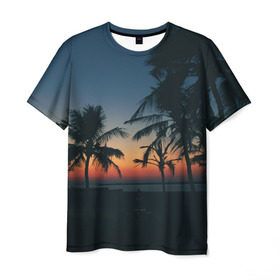 Мужская футболка 3D с принтом Пальмы в Петрозаводске, 100% полиэфир | прямой крой, круглый вырез горловины, длина до линии бедер | Тематика изображения на принте: sea | summer | берег | лето | море | океан | отдых | пальмы | пляж | солнце