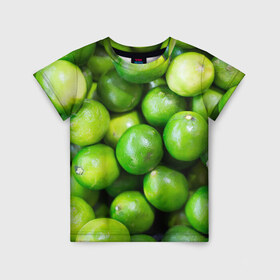 Детская футболка 3D с принтом Лаймы в Петрозаводске, 100% гипоаллергенный полиэфир | прямой крой, круглый вырез горловины, длина до линии бедер, чуть спущенное плечо, ткань немного тянется | зелень | лаймы | лето | лимоны | солнце | текстура | фрукты