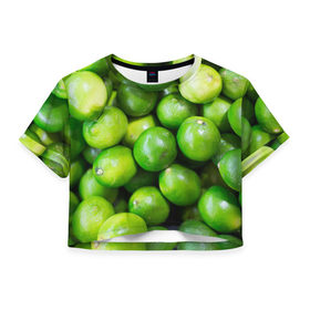 Женская футболка 3D укороченная с принтом Лаймы в Петрозаводске, 100% полиэстер | круглая горловина, длина футболки до линии талии, рукава с отворотами | зелень | лаймы | лето | лимоны | солнце | текстура | фрукты