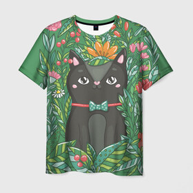 Мужская футболка 3D с принтом Кошка в цветах в Петрозаводске, 100% полиэфир | прямой крой, круглый вырез горловины, длина до линии бедер | киса | коты | кошки | цветы