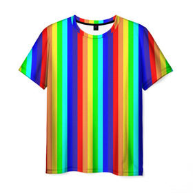 Мужская футболка 3D с принтом Радуга вертикальные полосы в Петрозаводске, 100% полиэфир | прямой крой, круглый вырез горловины, длина до линии бедер | вертикальные | жёлтый | зелёный | красный | оранжевый | полосы | радуга | синий | фиолетовый