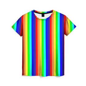 Женская футболка 3D с принтом Радуга вертикальные полосы в Петрозаводске, 100% полиэфир ( синтетическое хлопкоподобное полотно) | прямой крой, круглый вырез горловины, длина до линии бедер | вертикальные | жёлтый | зелёный | красный | оранжевый | полосы | радуга | синий | фиолетовый