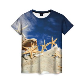 Женская футболка 3D с принтом Морской пляж 1 в Петрозаводске, 100% полиэфир ( синтетическое хлопкоподобное полотно) | прямой крой, круглый вырез горловины, длина до линии бедер | море | отдых | отпуск | пляж | ракушки | туризм