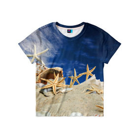Детская футболка 3D с принтом Морской пляж 1 в Петрозаводске, 100% гипоаллергенный полиэфир | прямой крой, круглый вырез горловины, длина до линии бедер, чуть спущенное плечо, ткань немного тянется | Тематика изображения на принте: море | отдых | отпуск | пляж | ракушки | туризм