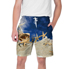 Мужские шорты 3D с принтом Морской пляж 1 в Петрозаводске,  полиэстер 100% | прямой крой, два кармана без застежек по бокам. Мягкая трикотажная резинка на поясе, внутри которой широкие завязки. Длина чуть выше колен | море | отдых | отпуск | пляж | ракушки | туризм