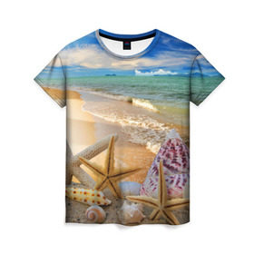 Женская футболка 3D с принтом Морской пляж 2 в Петрозаводске, 100% полиэфир ( синтетическое хлопкоподобное полотно) | прямой крой, круглый вырез горловины, длина до линии бедер | море | отдых | отпуск | пляж | ракушки | туризм