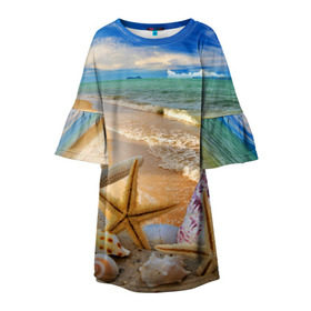 Детское платье 3D с принтом Морской пляж 2 в Петрозаводске, 100% полиэстер | прямой силуэт, чуть расширенный к низу. Круглая горловина, на рукавах — воланы | море | отдых | отпуск | пляж | ракушки | туризм