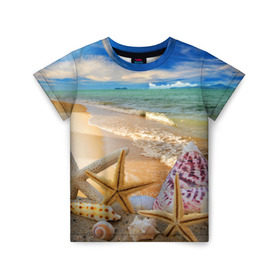 Детская футболка 3D с принтом Морской пляж 2 в Петрозаводске, 100% гипоаллергенный полиэфир | прямой крой, круглый вырез горловины, длина до линии бедер, чуть спущенное плечо, ткань немного тянется | Тематика изображения на принте: море | отдых | отпуск | пляж | ракушки | туризм