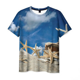 Мужская футболка 3D с принтом Морской пляж 3 в Петрозаводске, 100% полиэфир | прямой крой, круглый вырез горловины, длина до линии бедер | море | отдых | отпуск | пляж | ракушки | туризм