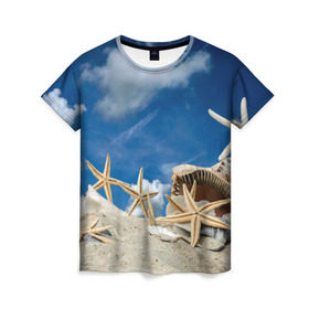 Женская футболка 3D с принтом Морской пляж 3 в Петрозаводске, 100% полиэфир ( синтетическое хлопкоподобное полотно) | прямой крой, круглый вырез горловины, длина до линии бедер | море | отдых | отпуск | пляж | ракушки | туризм