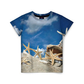 Детская футболка 3D с принтом Морской пляж 3 в Петрозаводске, 100% гипоаллергенный полиэфир | прямой крой, круглый вырез горловины, длина до линии бедер, чуть спущенное плечо, ткань немного тянется | Тематика изображения на принте: море | отдых | отпуск | пляж | ракушки | туризм